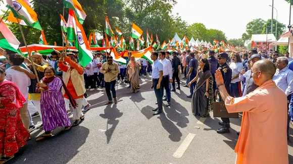 Uttar Pradesh Chief Minister Yogi Adityanath takes part in a 'Tiranga Yatra' to express solidarity with the Indian armed forces, in Lucknow