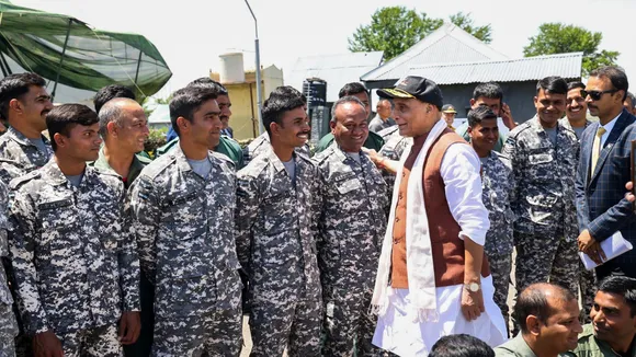 Rajnath Singh meets with troops during a visit to the Badami Bagh Cantt, in Srinagar. 