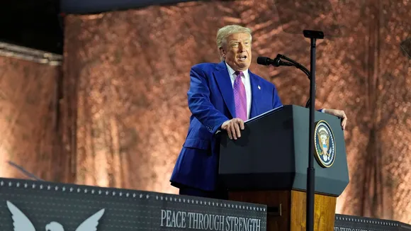 Donald Trump speaks at the Al Udeid Air Base, Thursday, May 15, 2025, in Doha, Qatar. 