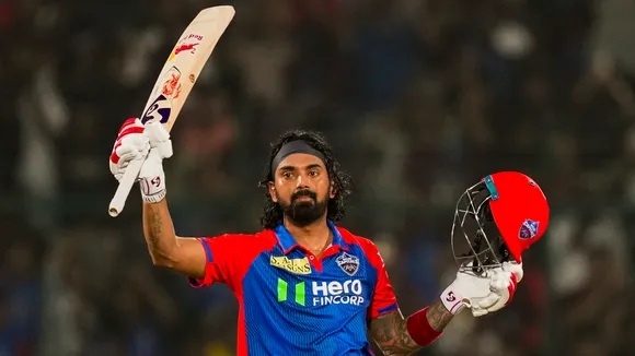 Delhi Capitals' KL Rahul celebrates his century against Gujarat Titans at the Arun Jaitley Stadium in New Delhi on Sunday, May 18, 2025.