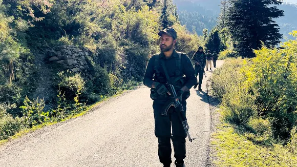 Security forces personnel during an encounter with terrorists in Kishtwar district of Jammu and Kashmir.