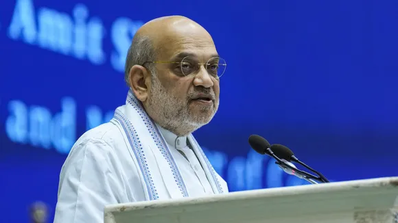 Union Home Minister Amit Shah addresses during the Border Security Force (BSF) Investiture Ceremony and Rustamji Memorial Lecture, in New Delhi.
