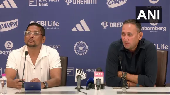 Chief selector Ajit Agarkar (right) during a press conference in Mumbai on Saturday, May 24, 2025.