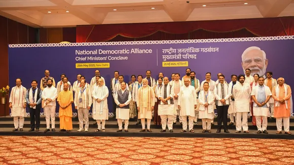 Prime Minister Narendra Modi, Defence Minister Rajnath Singh, Union Home Minister Amit Shah, Union Minister and BJP National President JP Nadda with NDA Chief Ministers and Deputy CMs pose for group picture during National Democratic Alliance Chief Ministers' Conclave, in New Delhi.