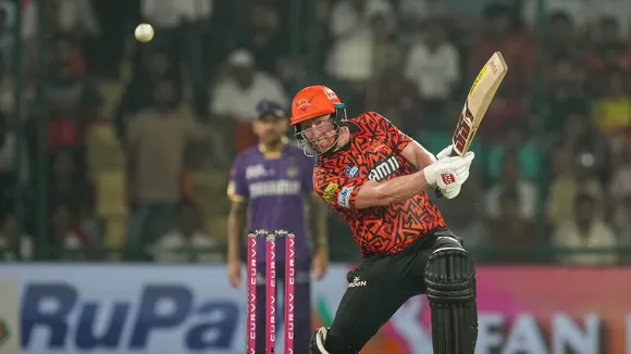 Sunrisers Hyderabad's Heinrich Klaasen plays a shot against Kolkata Knight Riders at the Arun Jaitley Stadium in New Delhi on Sunday, May 25, 2025.