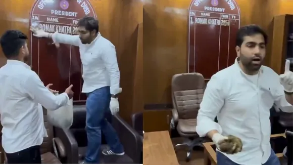 ABVP workers smear the office of DUSU President Ronak Khatri with cow dung on Tuesday, May 27, 2025.