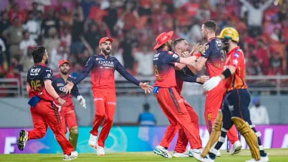 Royal Challengers Bengaluru's players celebrate the wicket of Punjab Kings' Josh Inglis in IPL 2025 Qualifier 1 in New Chandigarh on Thursday, May 29, 2025.