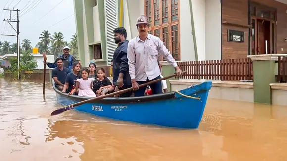 Premises of a house is inundated with floodwater after heavy rainfall, in Mangaluru, Karnataka.