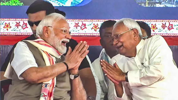 Prime Minister Narendra Modi and Bihar Chief Minister Nitish Kumar during a public meeting, in Rohtas district, Bihar. 