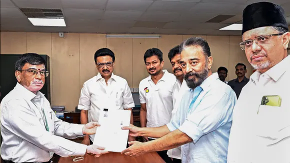 Kamal Haasan files his nomination to the Returning Officer and Additional Secretary of the Legislative Assembly P Subramania for the Rajya Sabha elections.