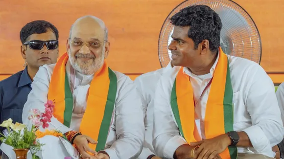 Amit Shah with party leader K Annamalai during a meeting to address the party office bearers, in Madurai, Tamil Nadu. on Sunday, June 8, 2025.