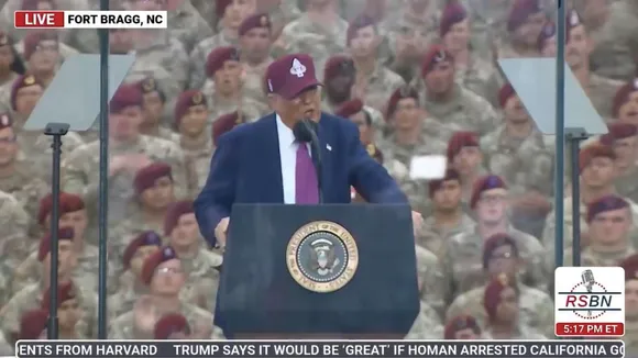 Donald Trump speaks at the Fort Bragg event on Tuesday, June 10, 2025.