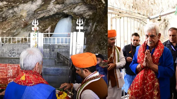 J&K LG Manoj Sinha offers prayers at the Holy Cave, marking the ceremonial beginning of the annual Shri Amarnath Ji Yatra.