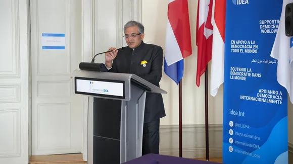 CEC Shri Gyanesh Kumar addresses at the Stockholm International Conference on Electoral Integrity.