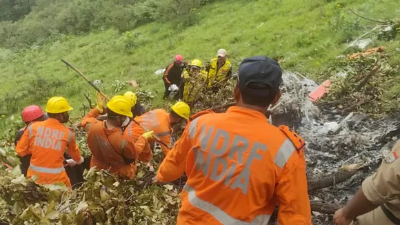  NDRF personnel at the spot after a helicopter crashed near the Kedarnath shrine, in Rudraprayag district, Uttarakhand, Sunday, June 15, 2025. At least seven people were killed in the incident