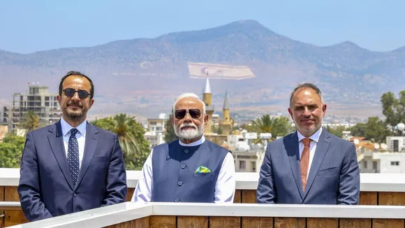 Prime Minister Narendra Modi with President of Cyprus Nikos Christodoulides, left, during a visit at the Historic Centre of Nicosia, in Cyprus on June 16, 2025.