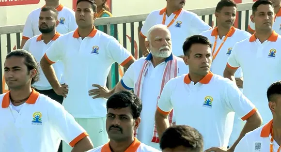 Narendra Modi takes part in a yoga session during 11th International Day of Yoga celebrations in Visakhapatnam on June 21, 2025.