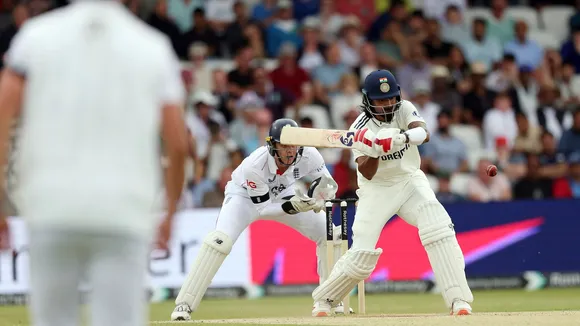 KL Rahul plays a shot during day 3 of the first test against England on Sunday, June 22, 2025.