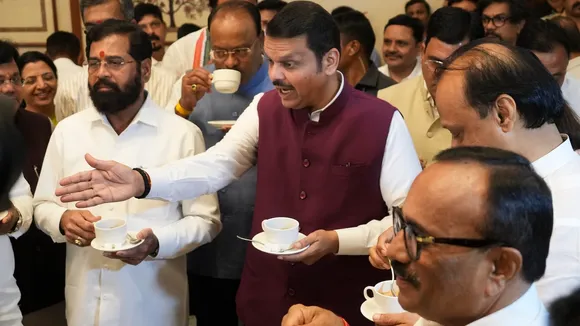 Devendra Fadnavis, Ajit Pawar, Eknath Shinde and others during the traditional high tea event of the state government ahead of the monsoon session of Maharashtra Assembly in Mumbai on Sunday, June 29, 2025.