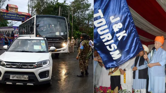 Security personnel keep a vigil as the first batch of pilgrims leaves for the annual 'Amarnath Yatra' from the Bhagwati Nagar base camp, in Jammu, Wednesday, July 2, 2025.