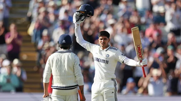 Shubman Gill celebrates after scoring a century on day one of the second cricket test match between England and India at Edgbaston in Birmingham, England, Wednesday, July 2, 2025.
