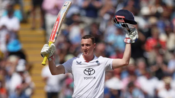 England’s Harry Brook celebrates after scoring a century on day 3 of the second cricket test against India at Edgbaston in Brimingham on Friday, July 4, 2025.