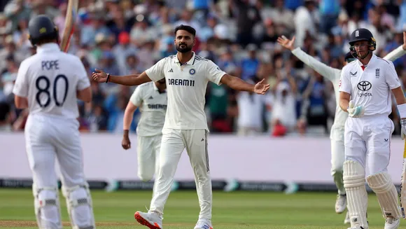 Akash Deep celebrates after bowling out England's Joe Rootduring day four of the second cricket test match between England and India at Edgbaston in Birmingham, England, Saturday, July 5, 2025.