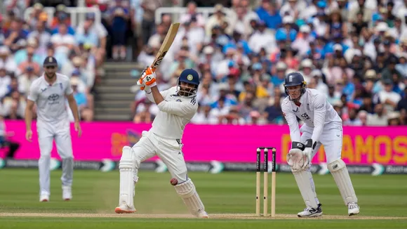Ravindra Jadeja plays a shot during the fifth day of the third test cricket match between India and England, at the Lord's Cricket Ground, in London, Monday July 14, 2025.
