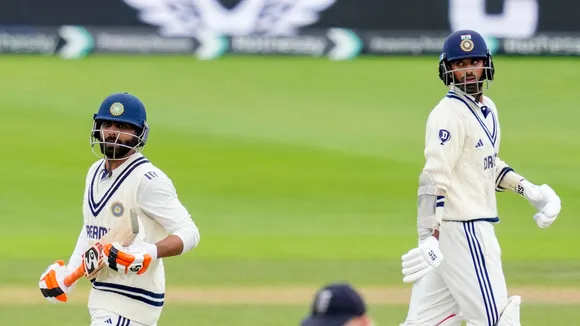 Ravindra Jadeja and Washington Sundar run between wickets during the fifth day of the fourth Test match between India and England, at the Old Trafford cricket ground, in Manchester, England, Sunday, July 27, 2025