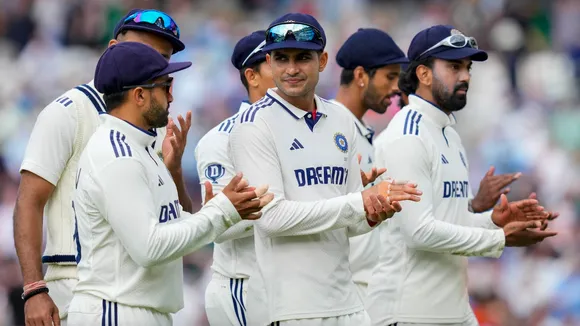 Shubman Gill with teammates during the second day of the fifth Test cricket match between India and England, at The Oval, in London, Friday, Aug. 1, 2025.