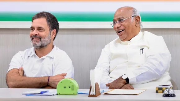 Mallikarjun Kharge and Rahul Gandhi during a meeting with AICC General Secretaries, in-charges & frontal heads, in New Delhi, Tuesday, Aug. 12, 2025
