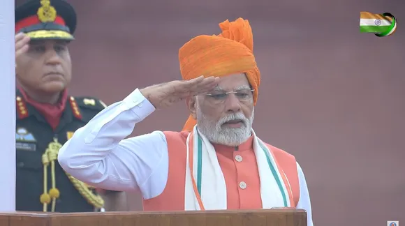 Narendra Modi salutes tricolour as the national song plays in the background on Friday, August 15, 2025.