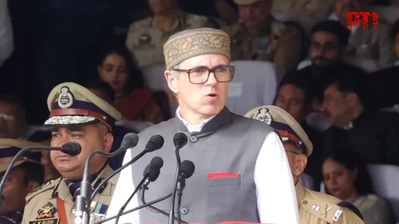 J&K Chief Minister Omar Abdullah addresses a gathering at Bakshi Stadium in Srinagar on August 15, 2025.