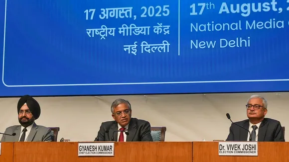 Chief Election Commissioner Gyanesh Kumar with Election Commissioners Sukhbir Singh Sandhu and Vivek Joshi addresses a press conference, in New Delhi, Sunday, Aug. 17, 2025.