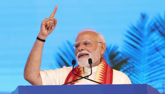 Narendra Modi addresses the gathering during the inauguration and foundation stone laying ceremony of development projects, at Khodaldham ground, in Ahmedabad on August 25, 2025.