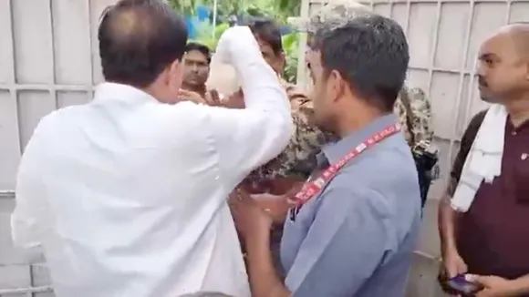 Bhind MLA Narendra Singh Kushwaha at the gate of the official residence of the collector Sanjeev Srivastava