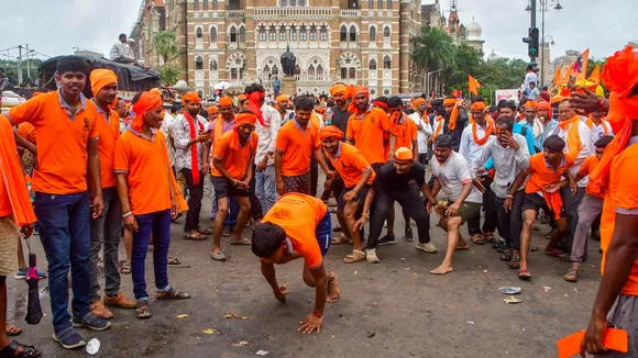 Maratha community members play a game of Kabaddi during their protest seeking reservation for the community under the Other Backward Classes (OBC) category, outside Chhatrapati Shivaji Maharaj Terminus (CSMT) in Mumbai, Monday, Sept. 1, 2025