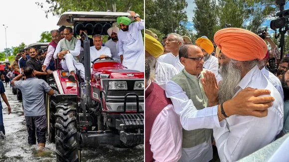 Union Minister for Agriculture and Farmers Welfare Shivraj Singh Chouhan and BJP National General Secretary Tarun Chugh during a visit at a flood-affected area in Punjab on Thursday, Sept 4, 2025.
