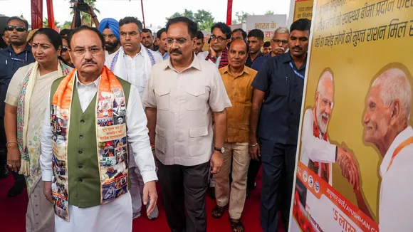 Union Minister and BJP National President JP Nadda with Delhi party President Virendra Sachdeva, Chief Minister Rekha Gupta and others during the inauguration of an exhibition on the life and journey of Prime Minister Narendra Modi to mark the PM's 75th birthday, at Connaught Place in New Delhi, Wednesday, Sept. 17, 2025.