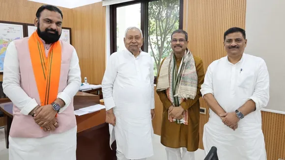 Dharmendra Pradhan calls on Nitish Kumar in Patna on Sunday, Sept 28, 2025. Samrat Choudhary and Sanjay Kumar Jha are also present.