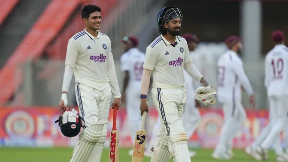 India's captain Shubman Gill, left, and KL Rahul walks off the field after the end of play of the first day of the first Test cricket match between India and West Indies at Narendra Modi Stadium in Ahmedabad, India, Thursday, Oct. 2, 2025. AP/PTI