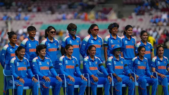Indian cricket team wears black band in Navi Mumbai during the semi-final match against Australia in ICC Women's Cricket World Cup being played in Navi Mumbai on Thursday, Oct 30, 2025.