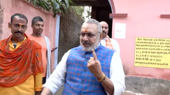 Union Minister Giriraj Singh cast his vote at a polling station in Inter-Level State-Run Higher Secondary School in Begusarai on Thursday, Nov 6, 2025.