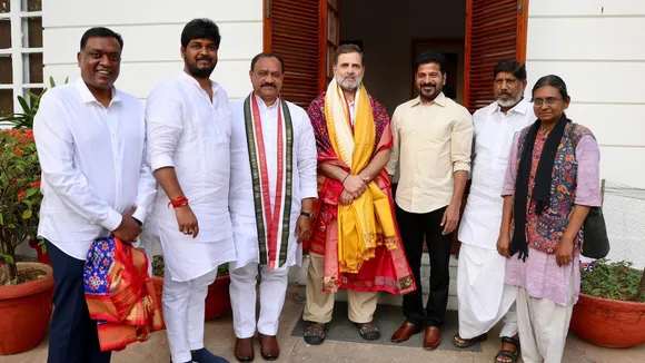 Rahul Gandhi with A Revanth Reddy and Naveen Yadav in New Delhi on Saturday, Nov 15, 2025.