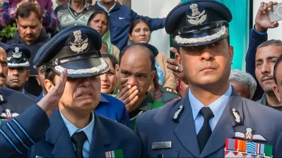 The IAF officer wife of Wing Commander Namansh Syal offers final salute to her husband on Sunday, Nov 23, 2025.