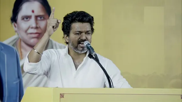 Vijay addressing a public gathering in Kanchipuram near Chennai on Sunday, Nov 23, 2025.