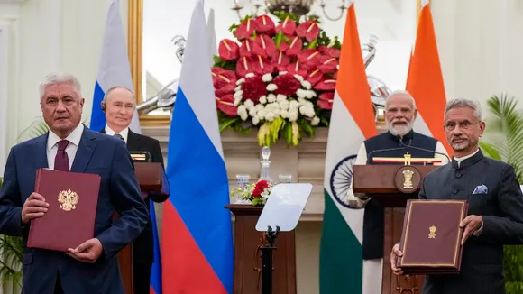 Union External Affairs Minister S Jaishankar and Russian Minister of Internal Affairs Vladimir Kolokoltsev exchange a Memorandum of Understanding (MoU) during a joint press statement after a meeting between Prime Minister Narendra Modi and Russian President Vladimir Putin at the Hyderabad House, in New Delhi, Friday, Dec. 5, 2025.