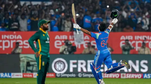 Yashasvi Jaiswal celebrates his century during the third ODI cricket match of a series between India and South Africa, at ACA-VDCA Cricket Stadium, in Visakhapatnam, Andhra Pradesh, Saturday, Dec. 6, 2025.