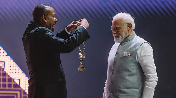 Narendra Modi being conferred with Ethiopia's highest award 'The Great Honour Nishan of Ethiopia' by his Ethiopian counterpart Abiy Ahmed Ali during a ceremony at the Addis International Convention Centre, in Addis Ababa, on Wednesday, December 16, 2025.