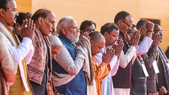 Narendra Modi, Rajnath Singh, Yogi Adityanath, Keshav Prasad Maurya, Brajesh Pathak, Pankaj Chaudhary and others during the inauguration of Rashtriya Prerna Sthal on the 101st birth anniversary of former prime minister Atal Bihari Vajpayee, in Lucknow, on December 25, 2025.